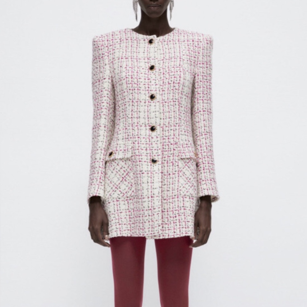 Zara Pink and White Tweed Long Jacket Size Large